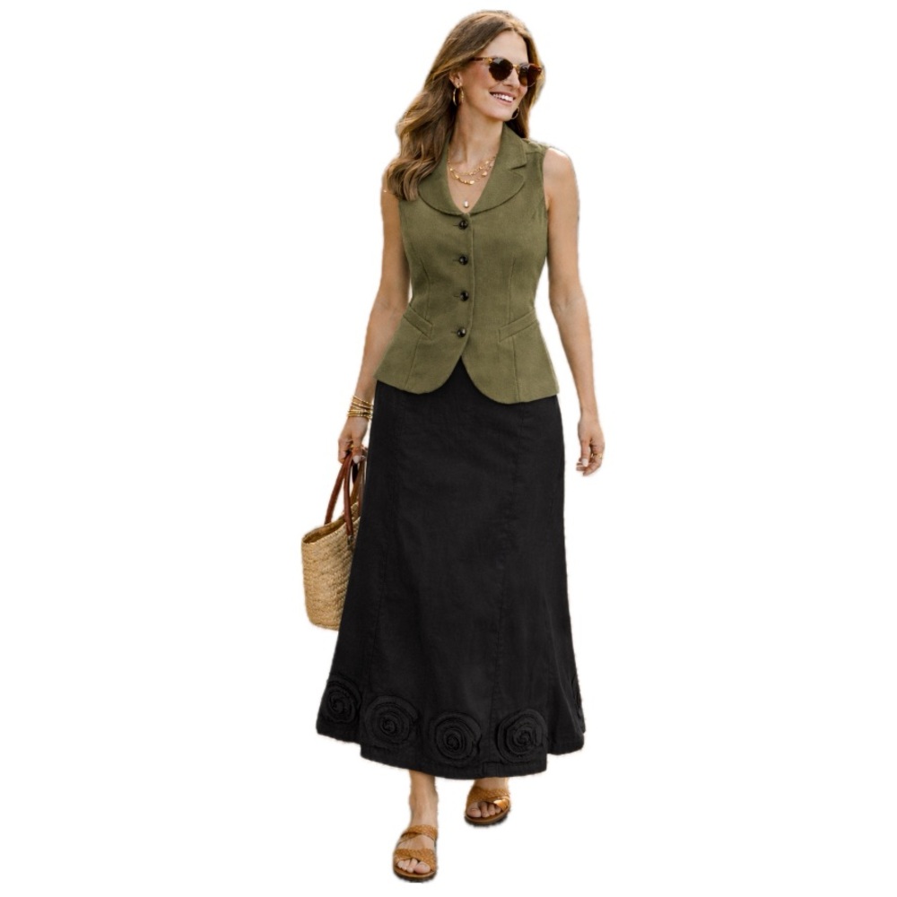 Solitaire / Anthropologie Black Cotton Midi Skirt Rosette Hem, Size S